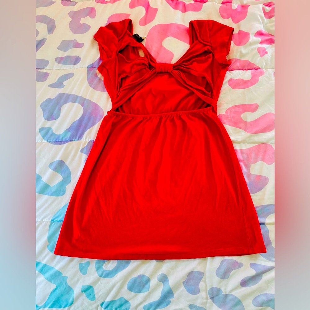 Large red Sparkle & Fade mini dress, bow cut out in back. Stretchy!